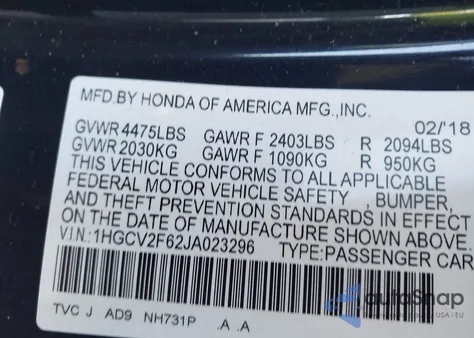 2018 Honda Accord Ex-L 2.0T from USA, damaged, VIN 1HGCV2F62JA023296